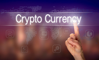 A hand selecting a Crypto Currency business concept on a clear screen with a colorful blurred background.