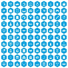 Fototapeta na wymiar 100 online shopping icons set in blue hexagon isolated vector illustration