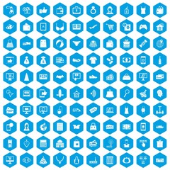 100 online shopping icons set in blue hexagon isolated vector illustration