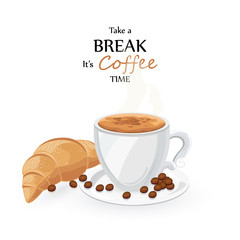 Coffee cup and croissant. Coffee break with sweet pastry isolated on white Vector