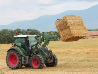 Hay tractor stacking hay bales