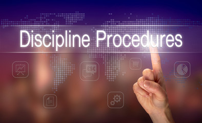 A hand selecting a Discipline Procedures business concept on a clear screen with a colorful blurred...