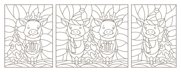 Set of contour illustrations for the new year, funny pigs, dark contours on a white background