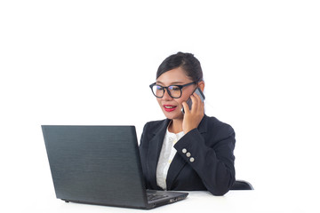 Business woman looking at the phone, analyzing the white background.