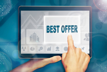 A hand holiding a computer tablet and pressing a best offer business concept.