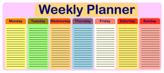 Weekly planner. Cute page for notes. Notebooks,decals, diary, school accessories. Cute romantic vector page.