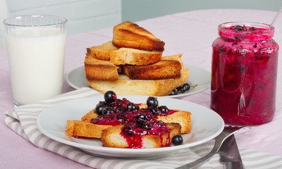 Delicious toasts bread with homemade currant jam with milk