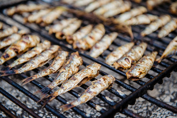 Fresh grilled sardines on grill. Close up, shallow depth of filed.
