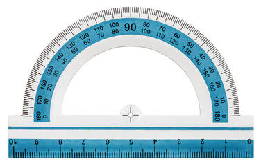 White plastic transparent protractor, isolated on white background, with clipping path