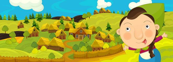 cartoon scene with farmer woman working near some farm village - illustration for children