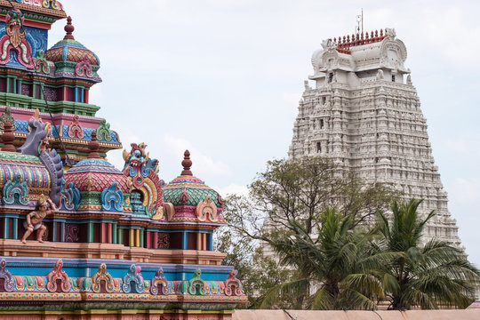 The white Gopuram, or gateway, known as the Vellai gopuram symbolising purity, in the Sri Ranganatha Swamy complex at Trichy in Tamil Nadu