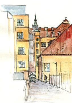 watercolor sketch of courtyard © cat_arch_angel