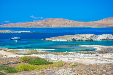 Ancient ruins in the island of Delos in Cyclades, one of the most important mythological, historical and archaeological sites in Greece.