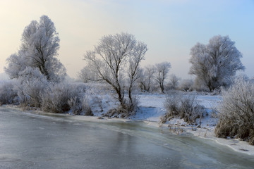 Winter landscape. Trees covered with hoarfrost on the bank of  river