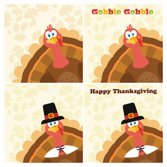 Thanksgiving Turkey Bird Cartoon Mascot Character Set 3. Vector Collection With Background
