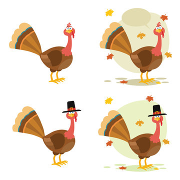 Thanksgiving Turkey Bird Cartoon Mascot Character Set 5. Collection Isolated On White Background