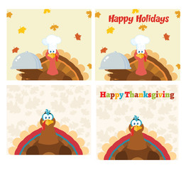 Thanksgiving Turkey Bird Cartoon Mascot Character Set 9. Collection With Background