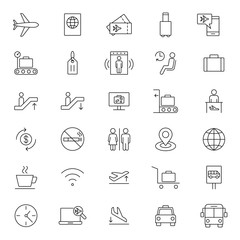 travel airport flight line black icons set on white background