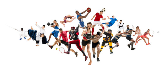 Fototapeta na wymiar Sport collage about kickboxing, soccer, american football, basketball, ice hockey, badminton, taekwondo, tennis, rugby