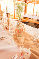 Shabby Chic Rustic Wedding Table Burlap and Gypsophila Decoration