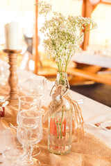 Shabby Chic Rustic Wedding Table Burlap and Gypsophila Decoration