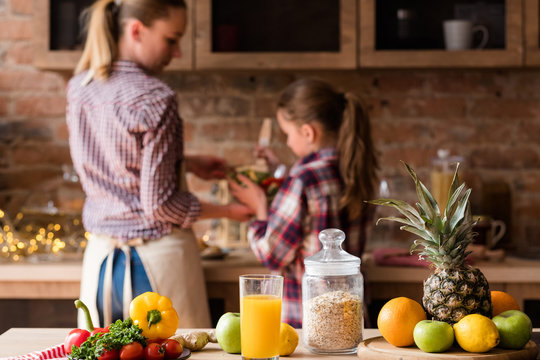 Healthy Food Eating. Organic Natural Vegetables Fruit Fresh Orange Juice And Oatmeal. Balanced Nutrition. Wholesome Meal Cooking.