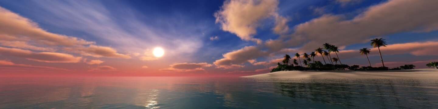 Panorama of a sea sunset over a tropical beach. Island with palm trees at sunset. Panorama of the oceanic sunrise.
3D rendering
