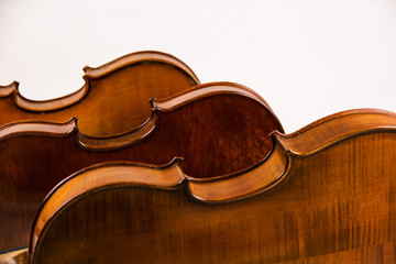 Back side of violin on white background.