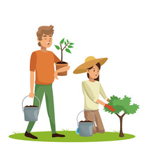 Young couple seeding and caring plants vector illustration graphic design