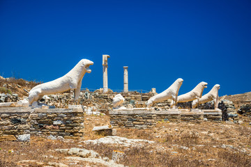 Ancient ruins in the island of Delos in Cyclades, one of the most important mythological,...