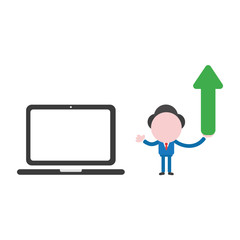 Vector businessman character with laptop computer and holding arrow moving up