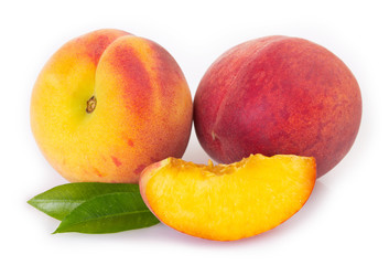 Fresh peaches on white background
