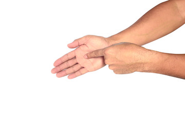 a palm of adult with the index finger pointing at the center of palm on white background isolated