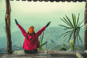 women asians travel relax camping in the holiday. On the Moutain.Thailand