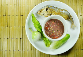fried mackerel and spicy shrimp chili paste sauce eat couple with fresh vegetable