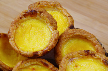 Puff pastry Menu  Egg tart  Homemade.
Egg tart in basket on wooden background.