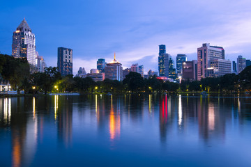 Fototapeta na wymiar Bangkok business and travel landmark famous district urban skyline aerial view at night.