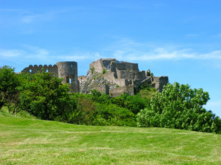 Fototapeta premium Slovakia, the Devin Castle. Panoramic view of the castle with meadow and trees. The castle is located near Bratislava and is one of famous places of travel destinations near the city.