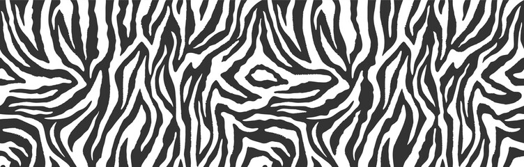 Zebra skin, stripes pattern. Animal print, black and white detailed and realistic texture. Monochrome seamless background. Vector illustration  - obrazy, fototapety, plakaty