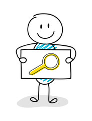 Smiley stickman holding board with maginfier icon. Vector.