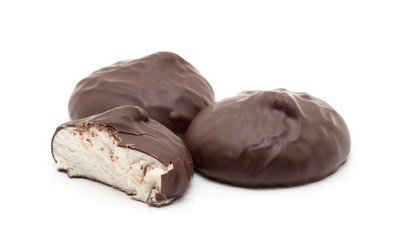 chocolate covered marshmallows on white background