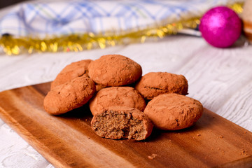 Chocolate chip cookies on the wood board
