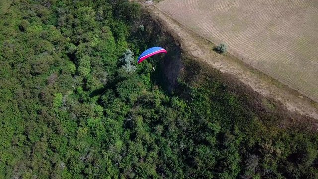 Aerial View. The paraglider flies over the coastline. The wing of the paraglider is blown by the wind. Row of sea and forest