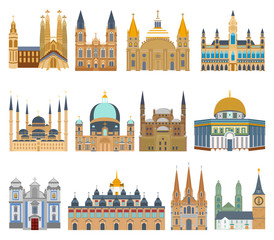 Fototapeta premium set of isolated churches, mosques, cathedrals, palaces, temples, castles, city halls, old buildings and other architectural monuments