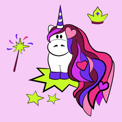 Sticker pack with magical unicorn, crown, magic wand. It can be used as sticker, icon, pin, patch, etc.