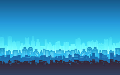 silhouette of city skyline, Cityscape in blue color background and flat icon design