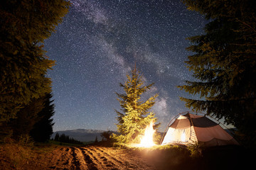 Night camping in mountains. Tourist tent by brightly burning bonfire near forest under clear dark blue starry sky, Milky way. High pine trees on background. Beauty of nature and tourism concept.