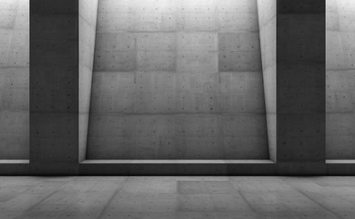 Abstract concrete showroom with columns. Modern geometric design. Gray floor and wall background. 3d rendering