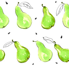 Bright light green watercolor pears seamless hand drawn pattern with seeds and leaves