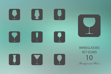 Wineglasses. Set of flat icons on blurred background